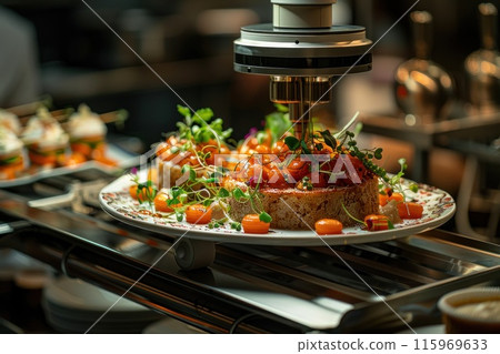 A courier robot delivers a gourmet dish 115969633