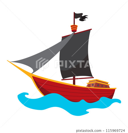 Stylized cartoon pirate ship illustration with black sails. Cute vector icon. Pirate Ship sailing on water Stylized cartoon pirate ship illustration with black sails. Cute vector icon. Pirate Ship sailing on water 115969724