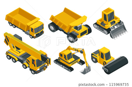 Construction machinery isometric icon set. Heavy transportation. Symbols representing heavy mining or road industry. Career and construction transport. Vector illustration 115969735