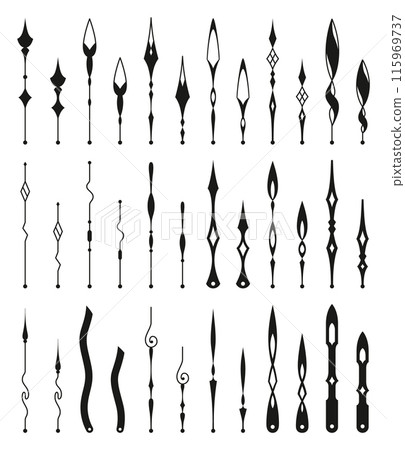 Clock pointer arrows. Black silhouette chronometer elements. Clock arms set. Watch hands, isolated time pointers. Vector cartoon illustration 115969737