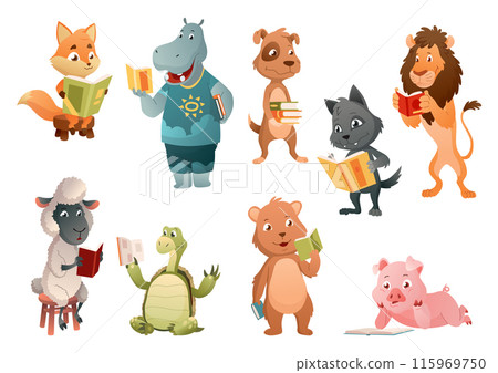 Baby animals reading book. Set of cute cartoon animals. Smart funny characters studying literature. Hand drawn vector illustration 115969750