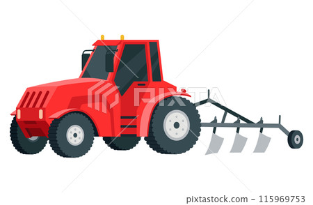 Tractor ready to plowing the field in rural or countryside land. Farm life, equipment for soil cultivation. Vector cartoon illustration Tractor ready to plowing the field in rural or countryside land. Farm life, equipment for soil cultivation. Vector cartoon illustration 115969753