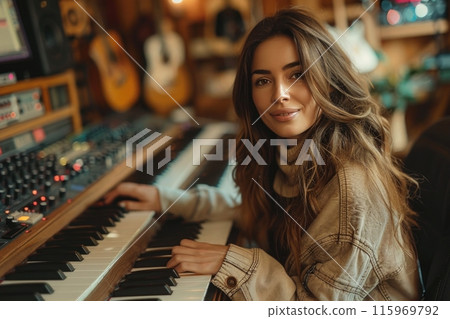 Talented female musician creating music on a modern synthesizer in a professional recording studio 115969792