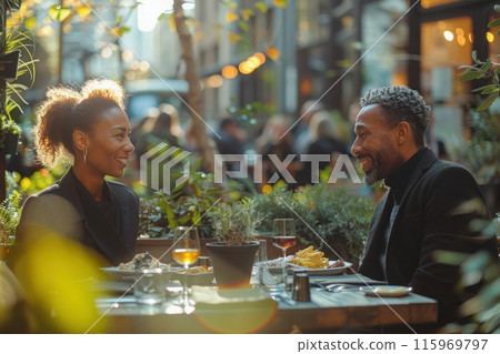 Elegant Couple Dining at Urban Bistro Table Outdoors Under String Lights Elegant Couple Dining at Urban Bistro Table Outdoors Under String Lights 115969797