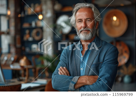 Confident man in blue suit with gray hair poses with arms crossed. Confident man in blue suit with gray hair poses with arms crossed. 115969799