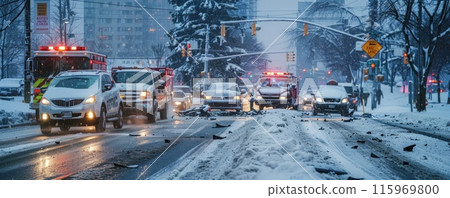 Winter Traffic Accident in the City: Emergency Response Vehicle in an Urban Setting Winter Traffic Accident in the City: Emergency Response Vehicle in an Urban Setting 115969800