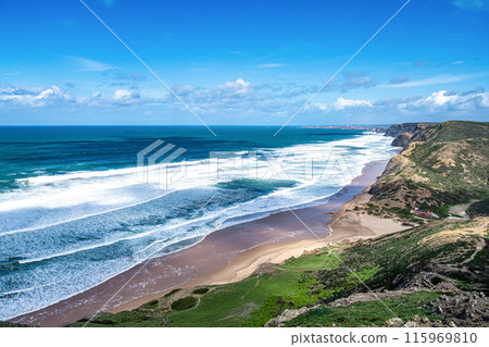Idyllic nature landscape on Praia da Cordoama beach, Vila do Bispo Sagres, Algarve, Portugal Europe 115969810