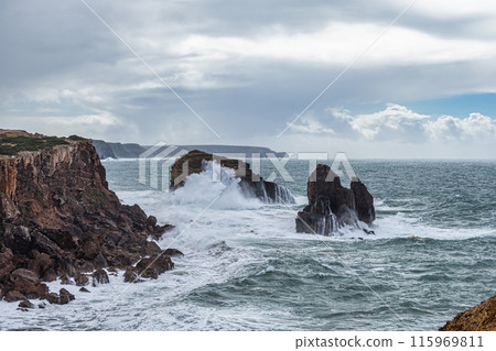 Ocean view and blue sky, Pontal da Carrapateira in Aljezur, Algarve, Portugal. 115969811