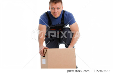 Specialist courier delivery service carries boxes 115969888