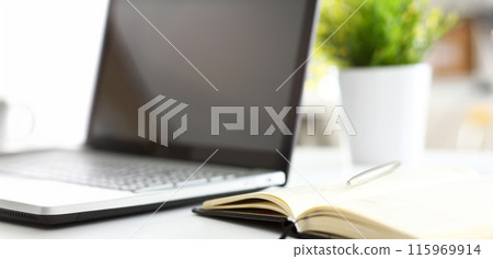 Silver pen lying on opened notebook sheet closeup 115969914