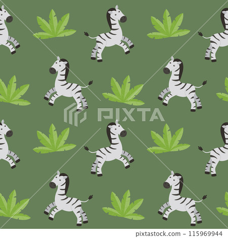Children's seamless drawing with an image of an animal. Funny zebra on a background of leaves. Vector illustration in a flat style. 115969944