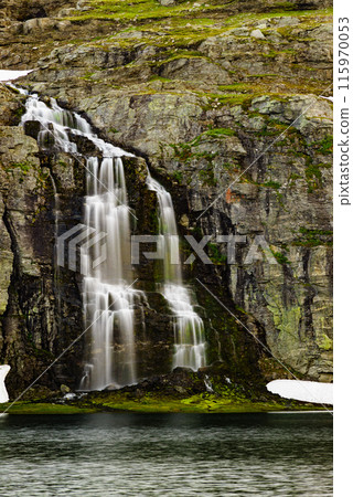 Mountain lake waterfall Flotvatnet Norway Mountain lake waterfall Flotvatnet Norway 115970053