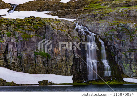 Mountain lake waterfall Flotvatnet Norway Mountain lake waterfall Flotvatnet Norway 115970054