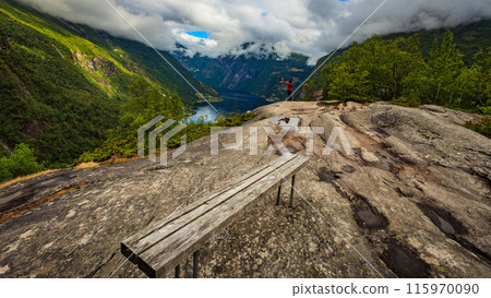 Tourist on viewpoint in Norway 115970090