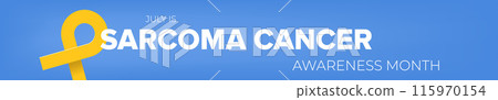 Sarcoma cancer awareness month concept horizontal wide banner design template with yellow ribbon and text isolated on blue background. July is Sarcoma cancer awareness month vector flyer or poster 115970154