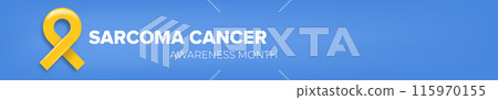 Sarcoma cancer awareness month concept horizontal wide banner design template with yellow ribbon and text isolated on blue background. July is Sarcoma cancer awareness month vector flyer or poster 115970155
