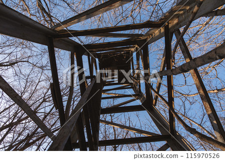 An upward view of a tall, metallic tower with a geometric grid pattern, surrounded by bare trees, against a clear blue sky, creating a sense of depth and height. An upward view of a tall, metallic tower with a geometric grid pattern, surrounded by bare trees, against a clear blue sky, creating a sense of depth and height. 115970526