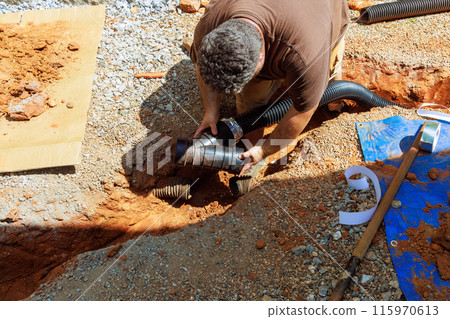 Trench is being prepared for assembly of drainage perforated flexible pipe for draining rainwater. 115970613