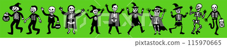 可愛的簡單向量塗鴉插圖集穿著骷髏萬聖節服裝的人 115970665