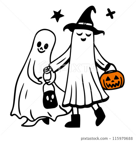 A cute simple doodle vector illustration of people walking in a line in Halloween costumes 115970688