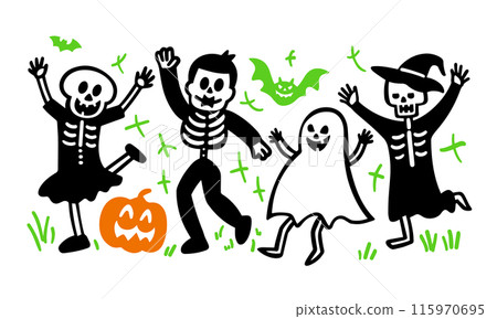 可愛而簡單的塗鴉向量插圖快樂的人穿著萬聖節服裝 115970695