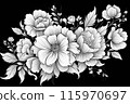 Hand drawn white flowers on black background 115970697