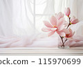 Pink magnolia flowers in glass vase near the window with tulle fabric 115970699