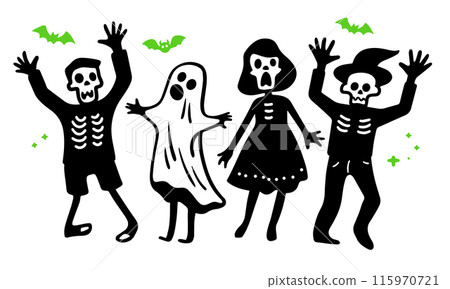 Cute simple doodle vector illustration of people in Halloween costumes posing in a surprised pose 115970721