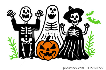 Cute simple doodle vector illustration of people in Halloween costumes posing in a surprised pose 115970722
