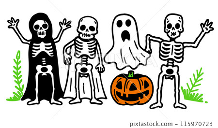 可愛的簡單塗鴉向量圖，展示了穿著萬聖節服裝、擺出令人驚訝的姿勢的人 115970723