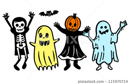 Cute simple doodle vector illustration of people in Halloween costumes posing in a surprised pose Cute simple doodle vector illustration of people in Halloween costumes posing in a surprised pose 115970724