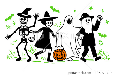 可愛的簡單塗鴉向量圖，展示了穿著萬聖節服裝、排隊散步的人們 115970728