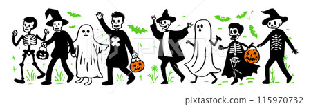 可愛的簡單塗鴉向量圖，展示了穿著萬聖節服裝、排隊散步的人們 115970732