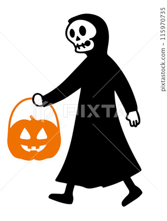 Doodle vector illustration of Grim Reaper holding a pumpkin bucket for Halloween 115970735