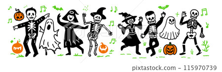 穿著萬聖節服裝跳舞的人的可愛簡單塗鴉向量圖 115970739