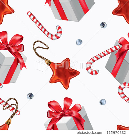 Gift box, candy cane, Christmas tree toy star, bells. Seamless pattern. Vector illustration. New Year cards, wrapping paper, fabric, covers, banners,. 115970882