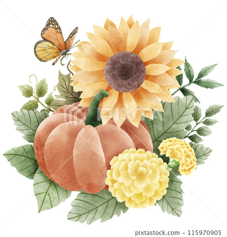Watercolor Hand drawn illustration Rustic watercolor autumn pumpkin sunflower marigold flowers maple foliage fall bouquet Arrangement. 115970905