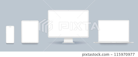 Realistic clay electronic device set, pc screen, laptop computer, pad and smartphone isolated 115970977