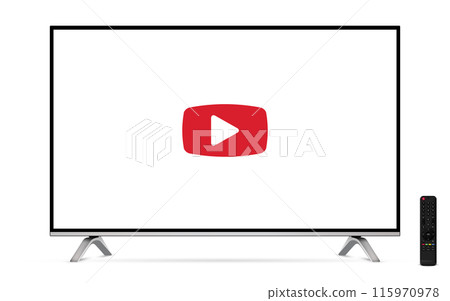 TV oled flat screen with play button on screen and remote control isolated on white background TV oled flat screen with play button on screen and remote control isolated on white background 115970978