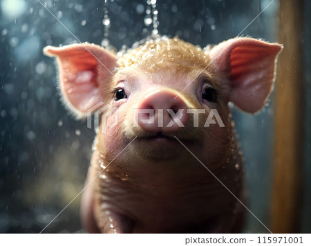Cute little pig in shower rain 115971001