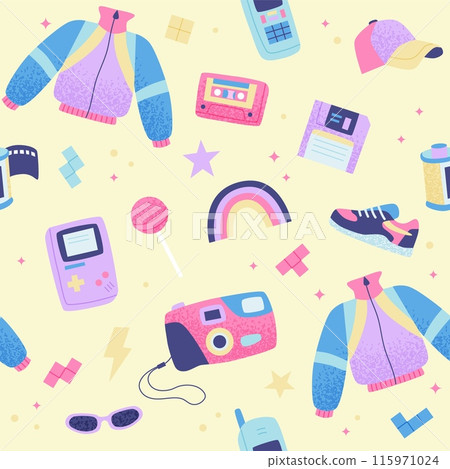 90s retro seamless pattern. Cute bright multicolor elements. on yellow background. Vector illustration in trendy flat style 90s retro seamless pattern. Cute bright multicolor elements. on yellow background. Vector illustration in trendy flat style 115971024