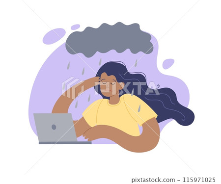 Sad and tired woman with raining cloud over her head. Depression concept. Vector illustration in simple style 115971025