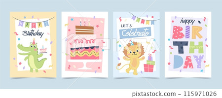 Children s cute greeting card set. Birthday animals with cake, party hats and balloons. Vector illustration template 115971026