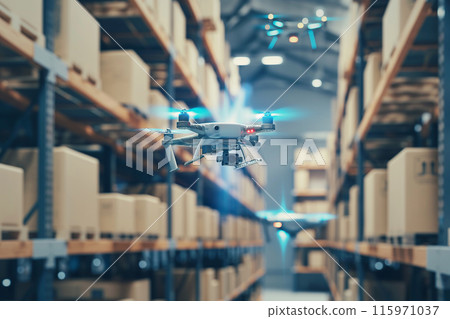 配送倉庫中載貨無人機的背景照片 配送倉庫中載貨無人機的背景照片 115971037