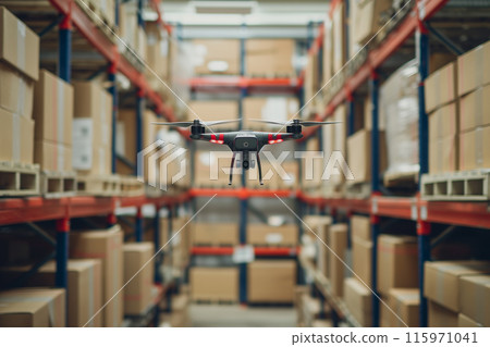 Background photo of a drone carrying luggage in a logistics warehouse 115971041