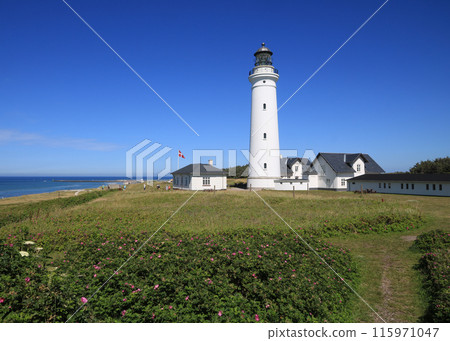 Hirtshals Fyr, lighthouse in Jutland on a summer day. Hirtshals Fyr, lighthouse in Jutland on a summer day. 115971047
