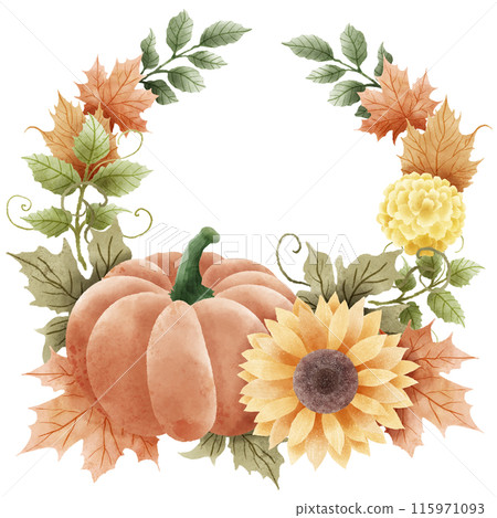 Watercolor Hand drawn illustration Rustic watercolor autumn pumpkin sunflower marigold flowers maple foliage fall wreath Arrangement. Watercolor Hand drawn illustration Rustic watercolor autumn pumpkin sunflower marigold flowers maple foliage fall wreath Arrangement. 115971093