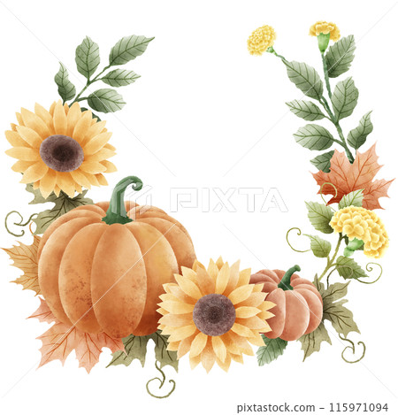 Watercolor Hand drawn illustration Rustic watercolor autumn pumpkin sunflower marigold flowers maple foliage fall wreath Arrangement. Watercolor Hand drawn illustration Rustic watercolor autumn pumpkin sunflower marigold flowers maple foliage fall wreath Arrangement. 115971094