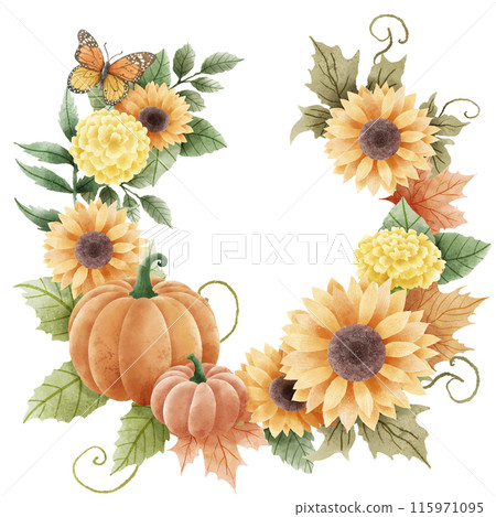 Watercolor Hand drawn illustration Rustic watercolor autumn pumpkin sunflower marigold flowers maple foliage fall wreath Arrangement. 115971095