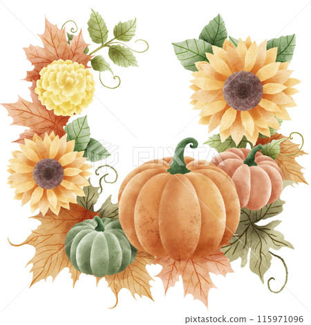 Watercolor Hand drawn illustration Rustic watercolor autumn pumpkin sunflower marigold flowers maple foliage fall wreath Arrangement. Watercolor Hand drawn illustration Rustic watercolor autumn pumpkin sunflower marigold flowers maple foliage fall wreath Arrangement. 115971096